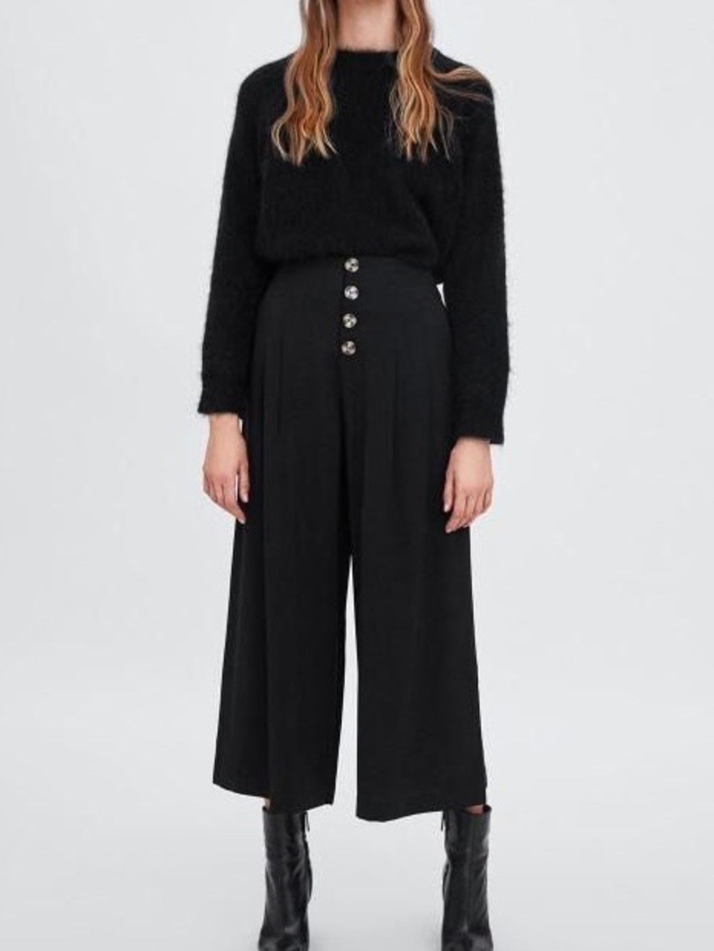 Zara NWT Black High-Waist Wide-Leg Button-Front Cropped Trousers Size Small